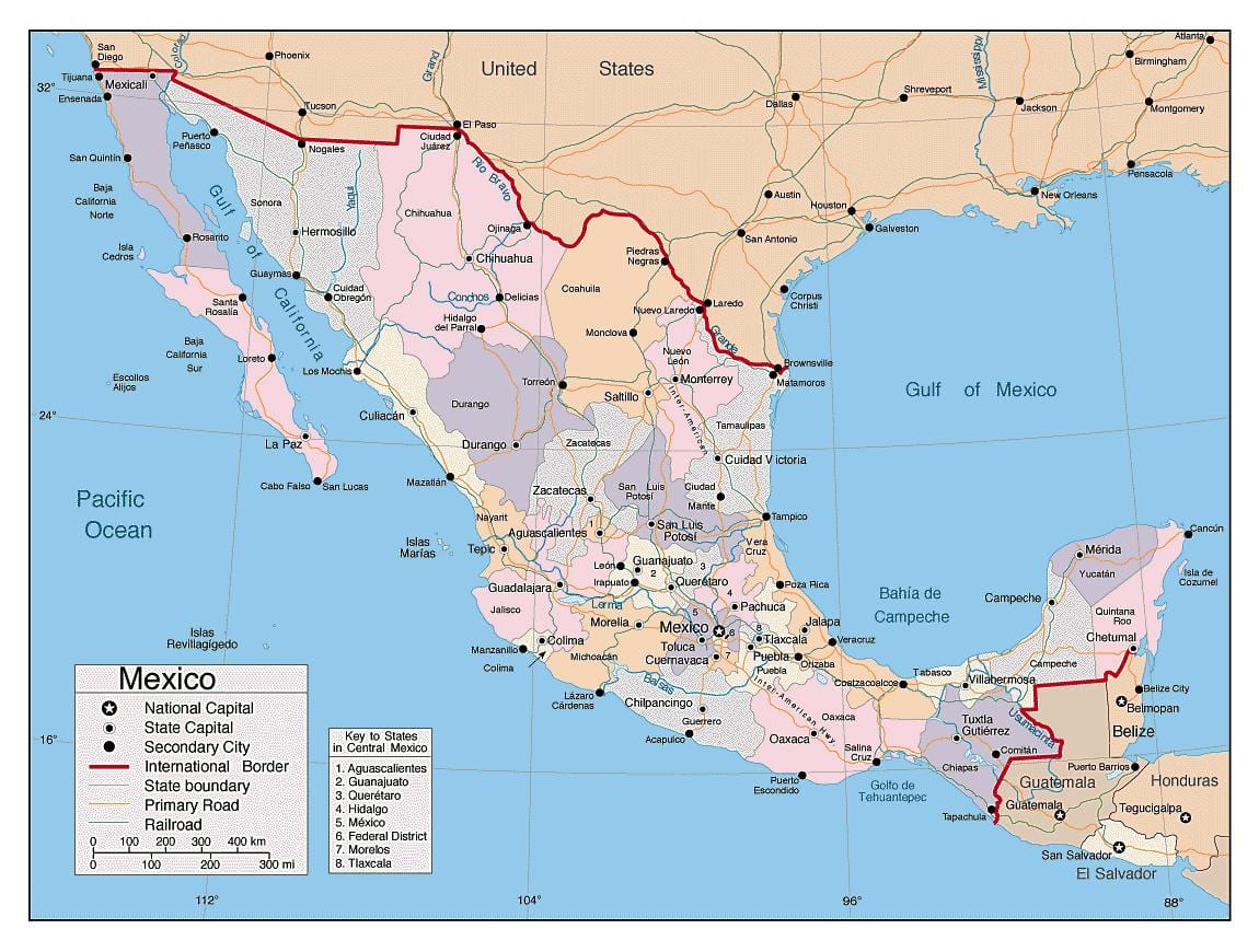 Mexico bản đồ với các thành phố lớn