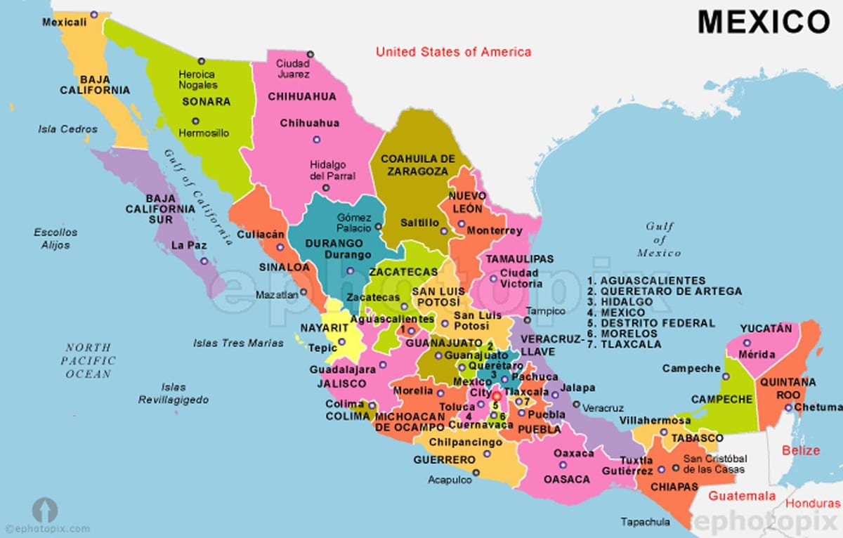Mexico bản đồ với kỳ và thủ đô