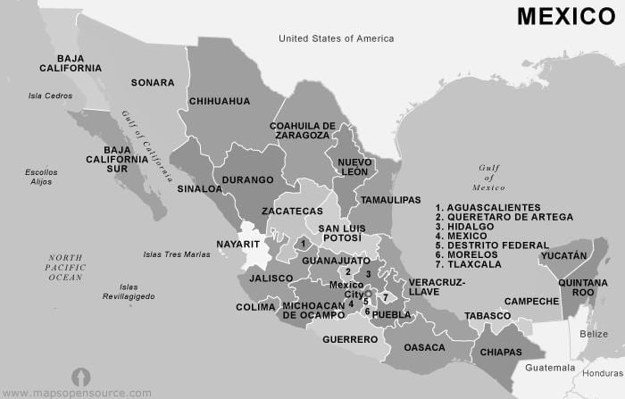 bản đồ của Mexico đen và trắng