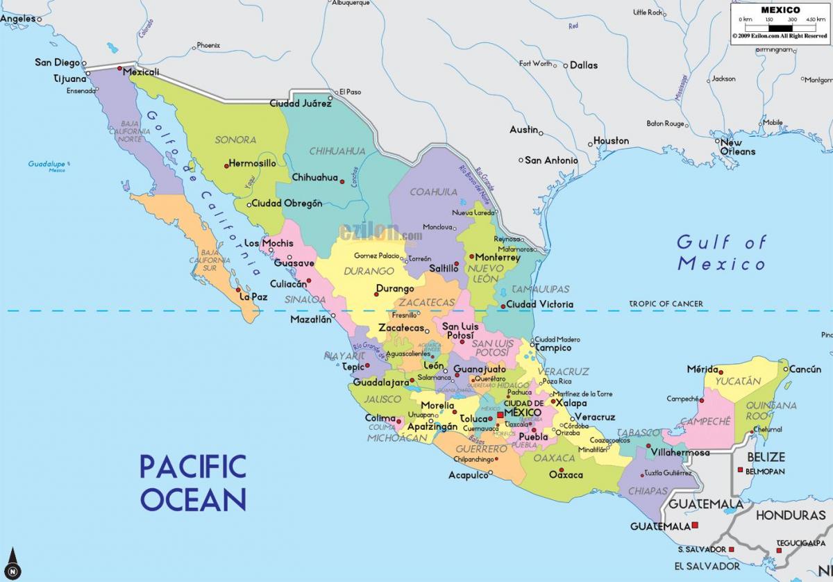 bản đồ của Mexico với thành phố và tiểu bang