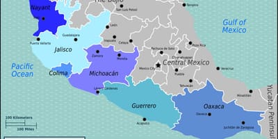 Bản đồ của bờ biển thái bình dương của Mexico